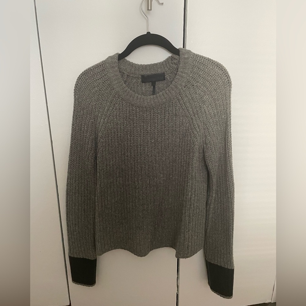 RAG & BONE Vegan Faux Leather Cuffs Chunky Wool Crop Sweater - Size Small